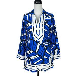 Southern Frock Blue Black White Print Long Sleeve Tunic Shirt Beach Coverup